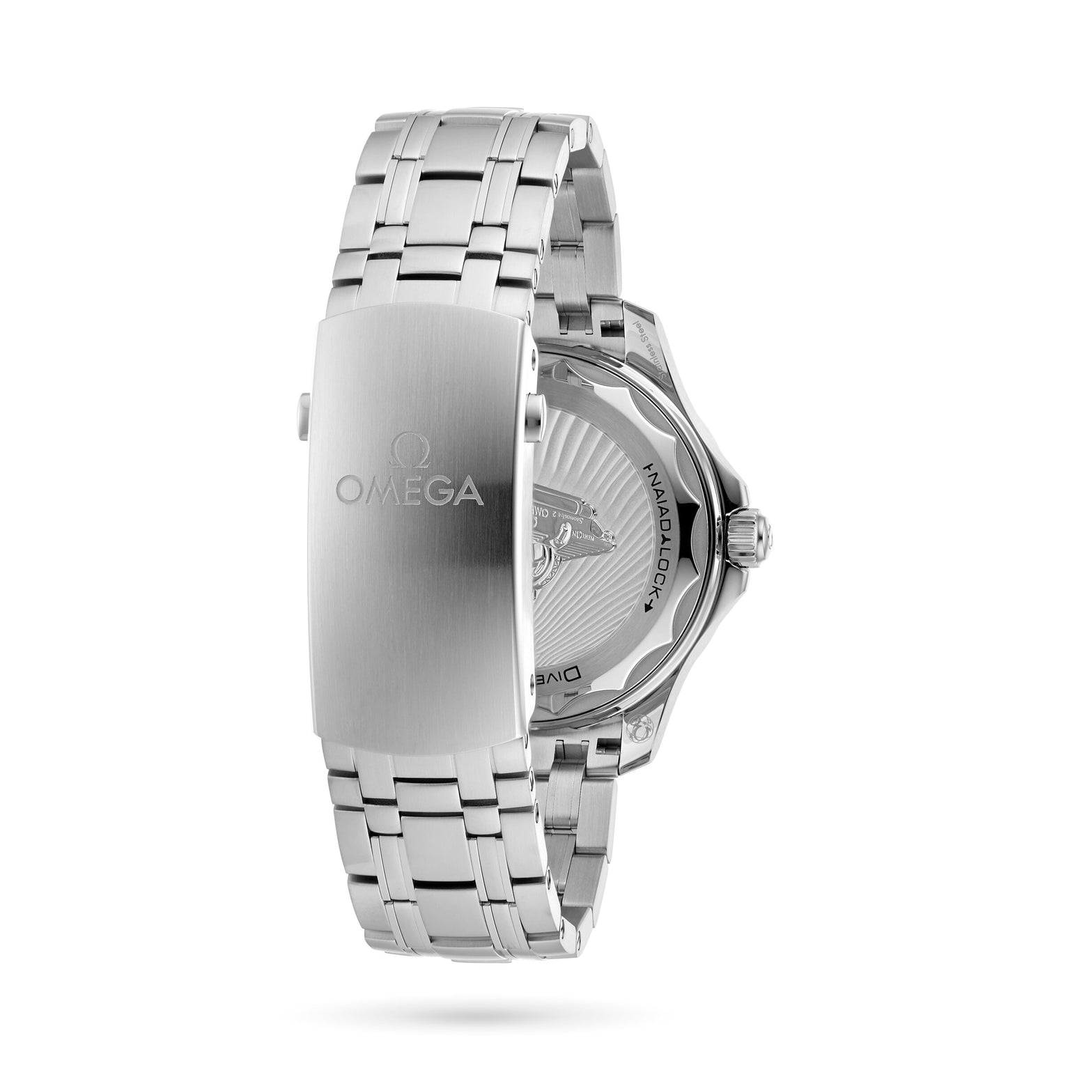 Back view of the OMEGA Seamaster Diver 300M Nekton Edition, featuring a stainless steel case and bracelet, engraved Omega logo on the clasp, and a transparent case back displaying the movement.