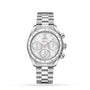 The OMEGA Speedmaster 38 is a silver chronograph wristwatch with a stainless steel case, metal bracelet, three subdials, tachymeter bezel, and a white textured dial.