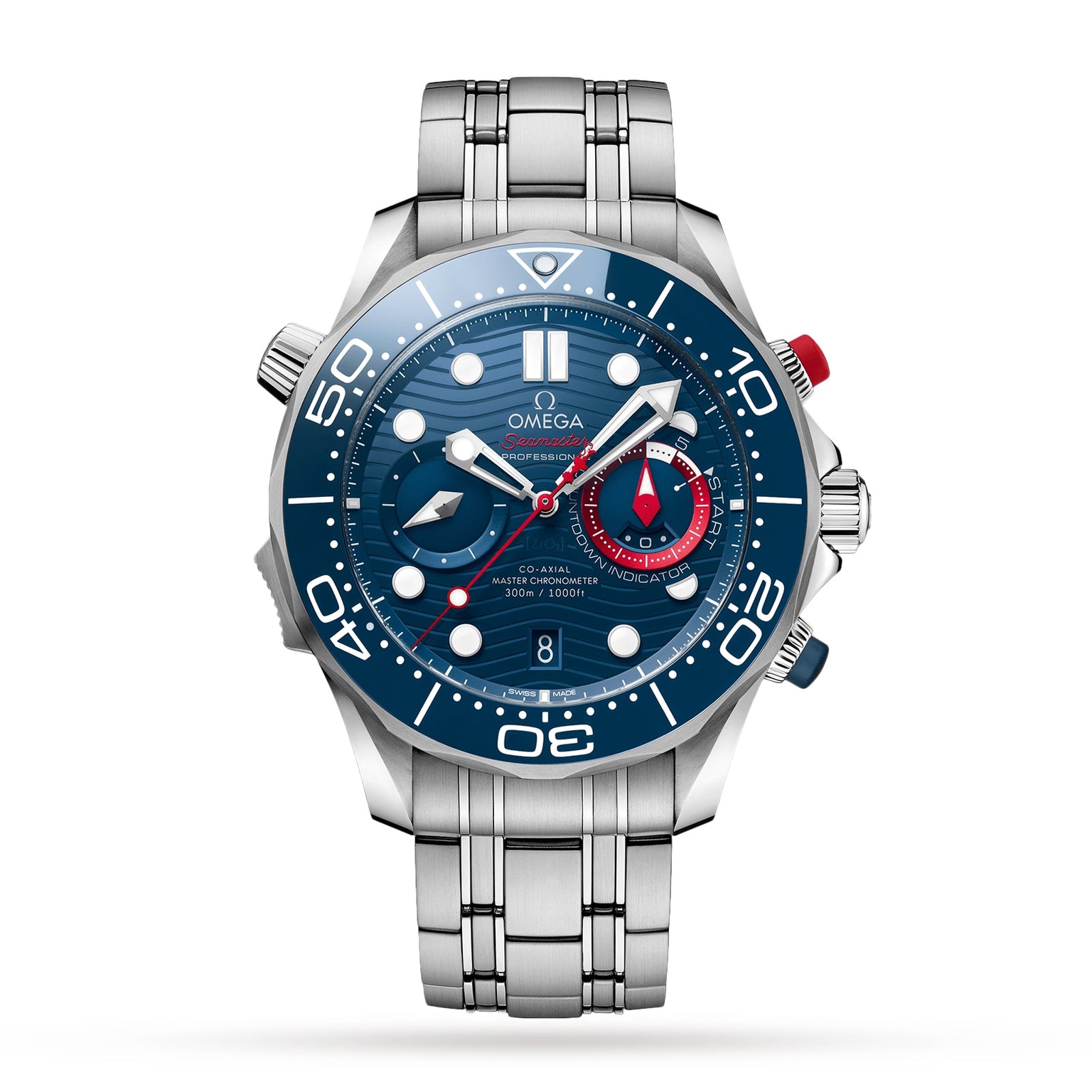 The OMEGA Seamaster Diver 300M Americas Cup Edition features a stainless steel case, blue dial with white markers, chronograph subdials, and a metal bracelet, displayed on a white background.