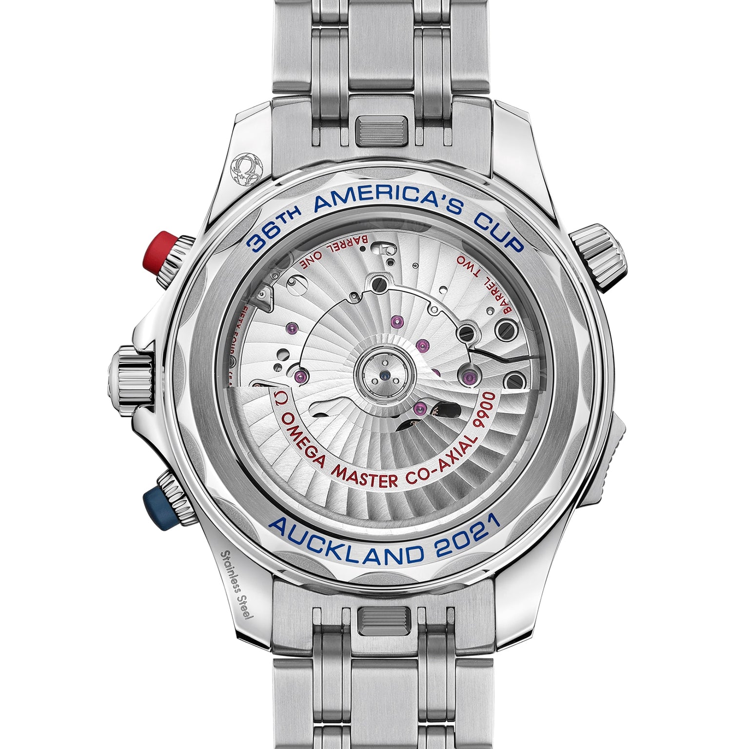 Close-up of the back of a silver OMEGA Seamaster Diver 300M Americas Cup Edition watch with a transparent case displaying the movement, inscribed with “36th America’s Cup Auckland 2021.”.