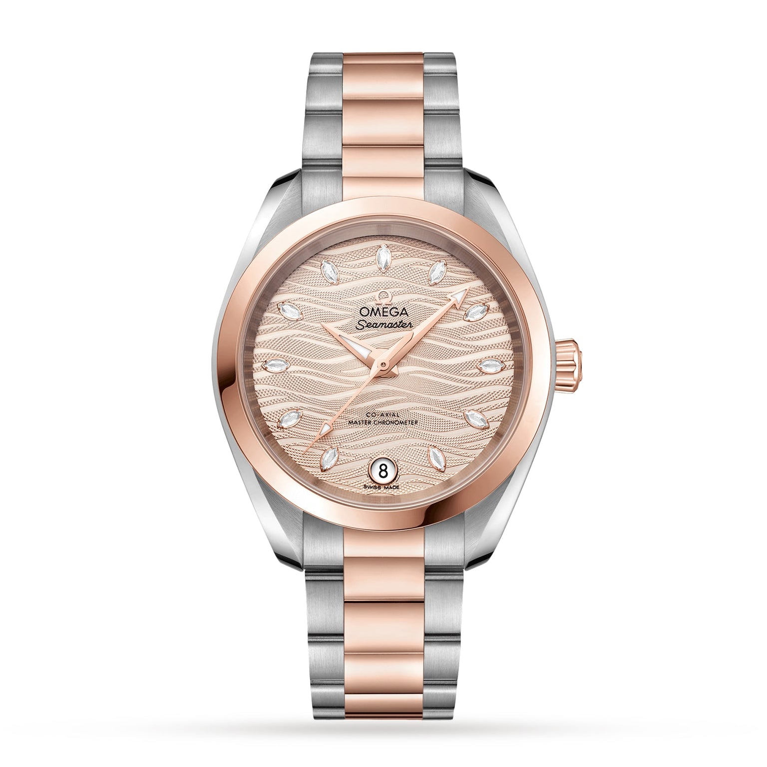 OMEGA Seamaster Aqua Terra 150M wristwatch with a two-tone metal band, rose gold bezel, wave-patterned dial, teardrop hour markers, and date window at 6 o’clock is displayed on a white background. An exquisite Master Chronometer timepiece.