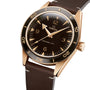 An OMEGA Seamaster 300 wristwatch with a bronze gold case, brown dial, brown leather strap, and rotating bezel is displayed at an angle against a white background.