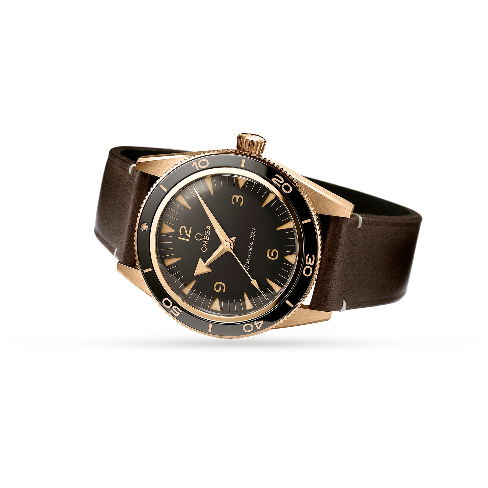 An OMEGA Seamaster 300 wristwatch with a bronze gold case, black dial, gold markers, and dark leather strap is photographed on a white background.