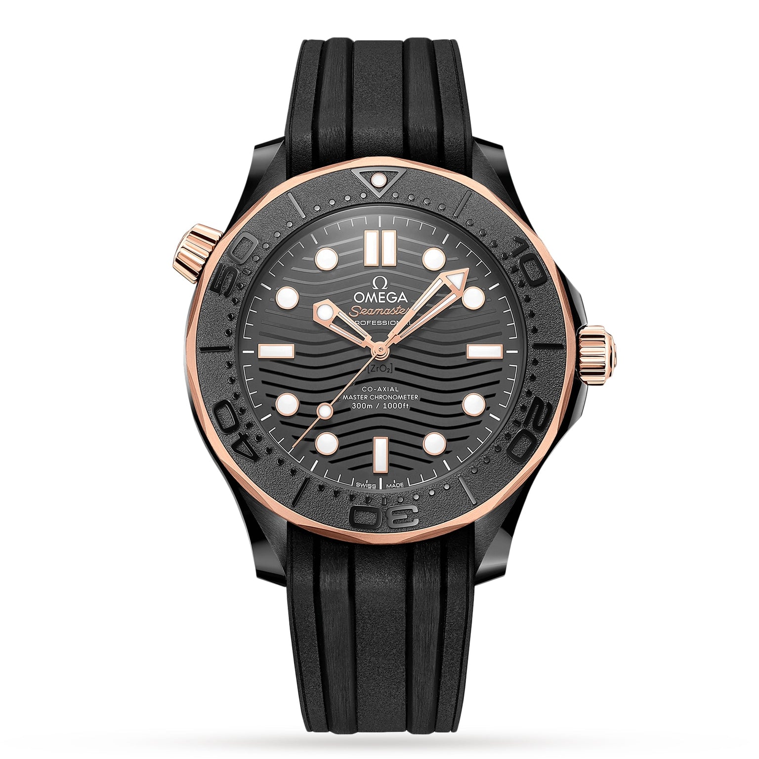 The OMEGA Seamaster Diver 300M features a black wave-patterned dial, gold accents, and a black rubber strap with OMEGA Calibre 8806 movement, shown on a white background.