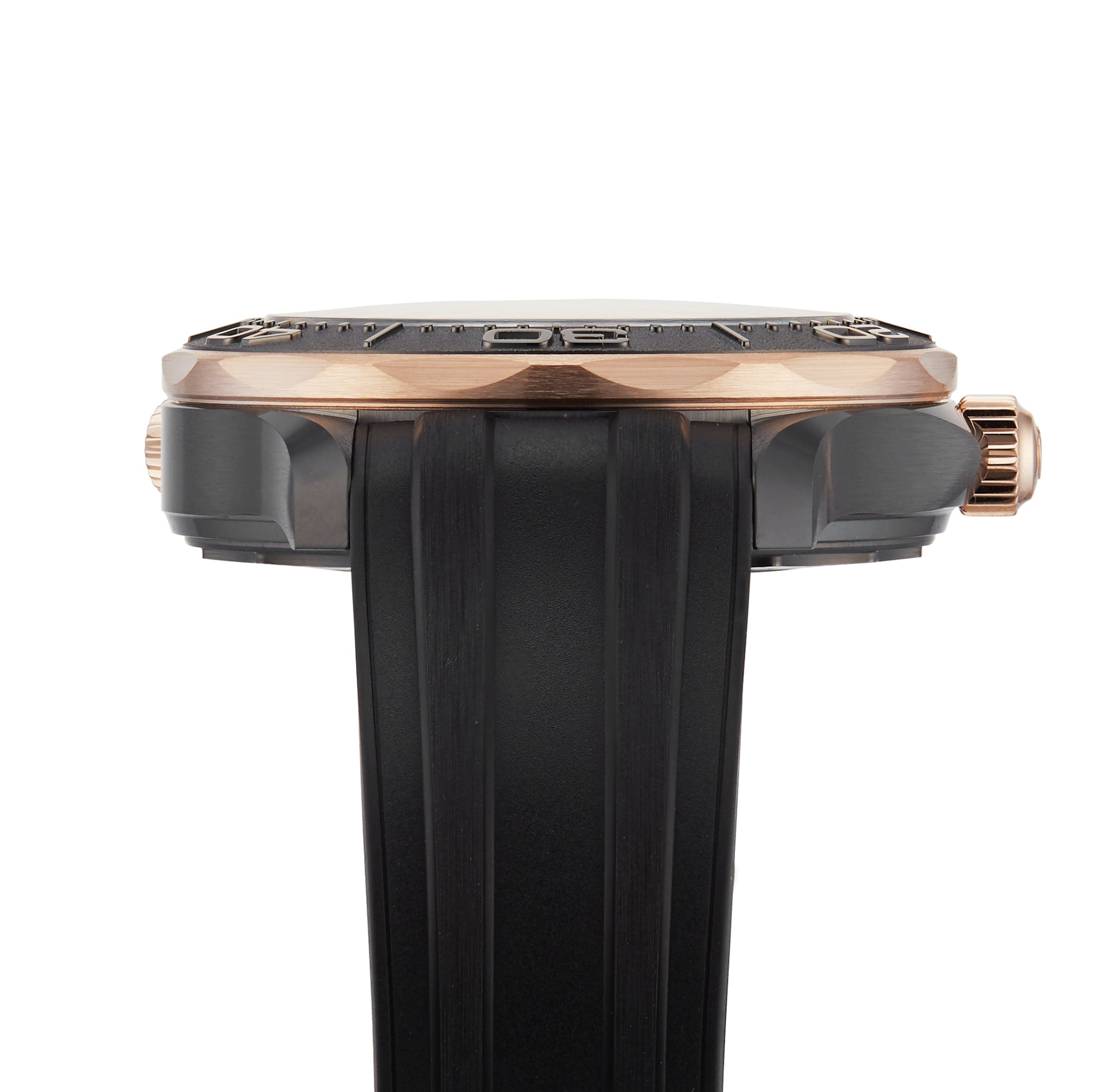 A side view of the OMEGA Seamaster Diver 300M wristwatch, with a black band and round metallic case featuring a prominent crown—an iconic design inspired by James Bond, powered by the OMEGA Calibre 8806.