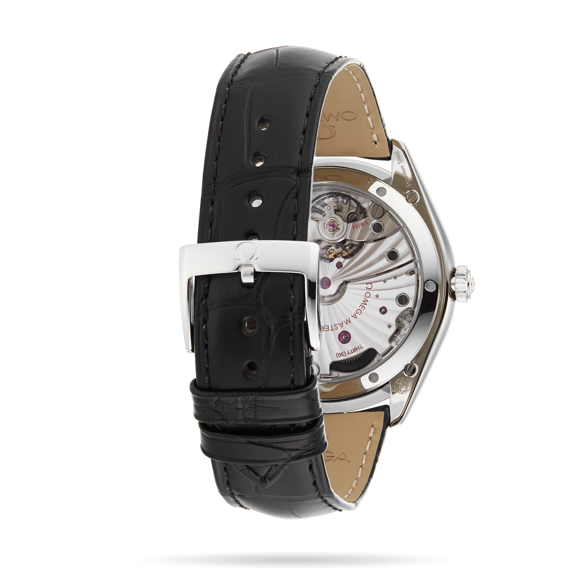 A close-up of the back of the OMEGA De Ville Trésor, featuring a 40mm stainless steel case, black leather strap, and visible mechanical movement through a transparent case back.