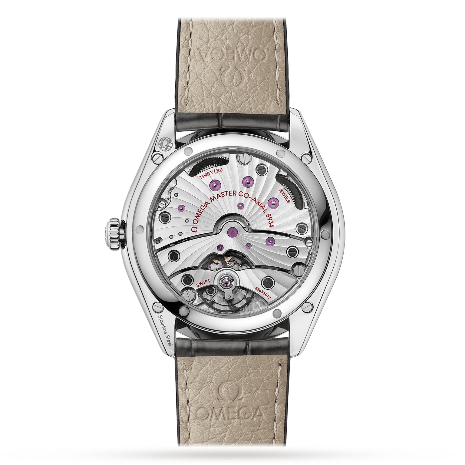 Close-up of the back of the OMEGA De Ville Trésor wristwatch, featuring an exposed Master Chronometer movement and a beige leather strap embossed with the OMEGA logo.