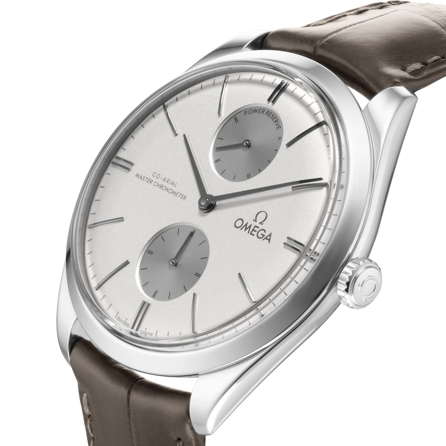 An OMEGA De Ville Trésor wristwatch featuring a white dial, two subdials, black hour markers, and a brown leather strap is shown at an angle.