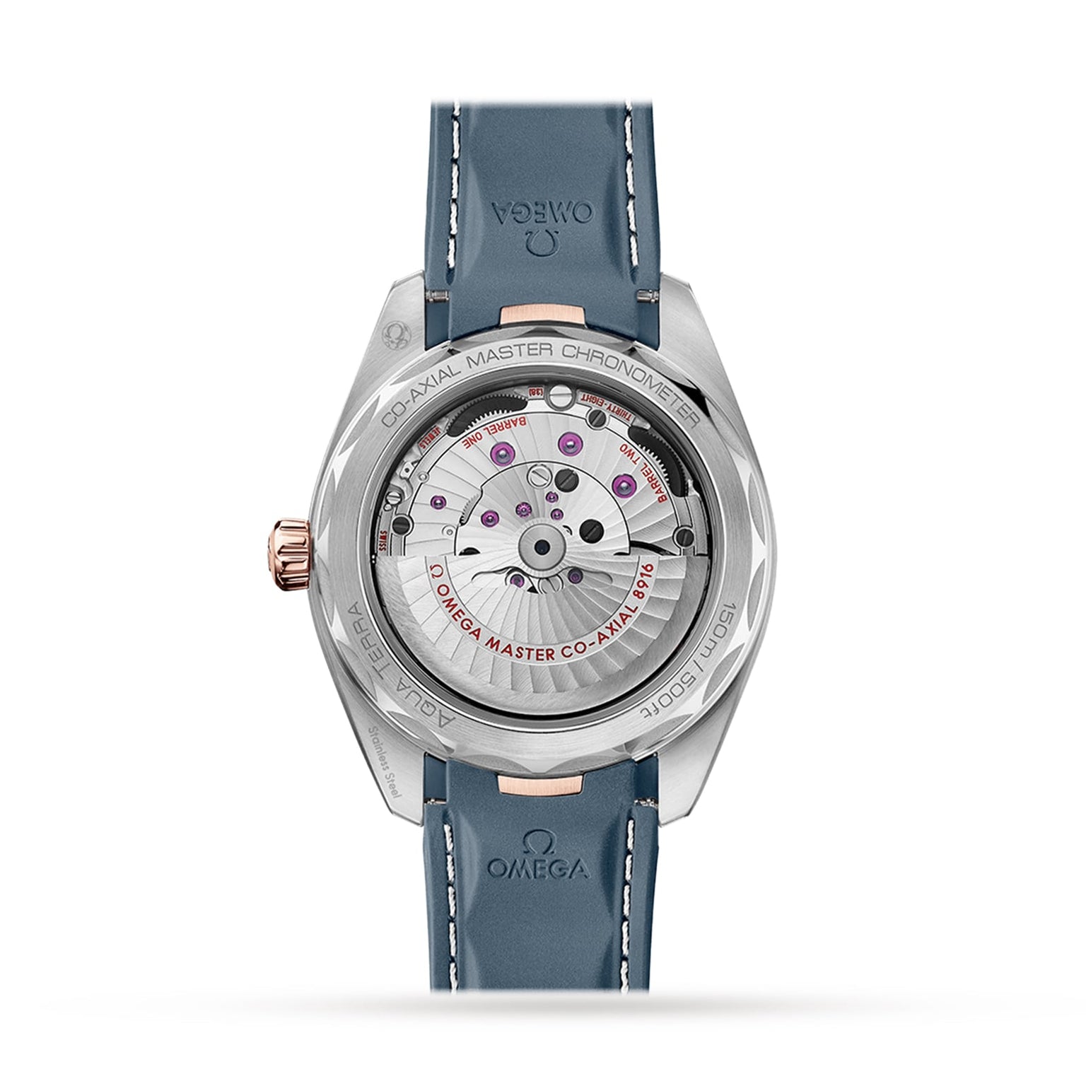 Back view of the OMEGA Seamaster Aqua Terra 150M showing its exposed mechanical movement labeled Co-Axial Master Chronometer, with a blue leather strap and stainless steel case.
