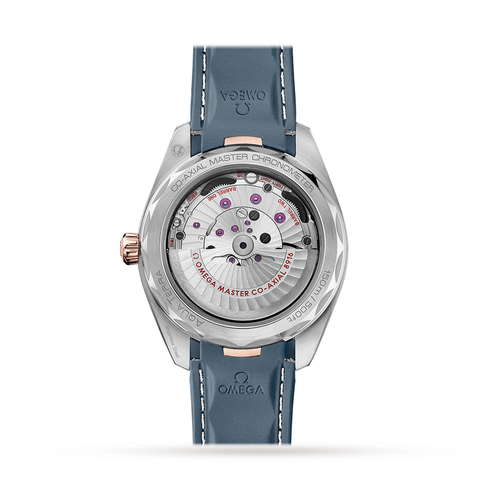 Back view of the OMEGA Seamaster Aqua Terra 150M showing its exposed mechanical movement labeled Co-Axial Master Chronometer, with a blue leather strap and stainless steel case.