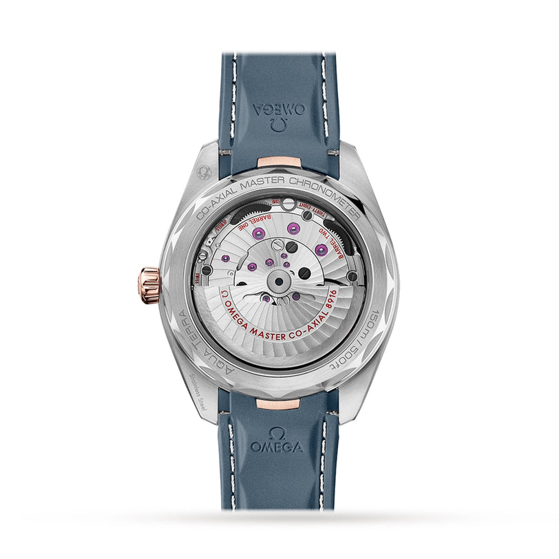 Back view of the OMEGA Seamaster Aqua Terra 150M showing its exposed mechanical movement labeled Co-Axial Master Chronometer, with a blue leather strap and stainless steel case.