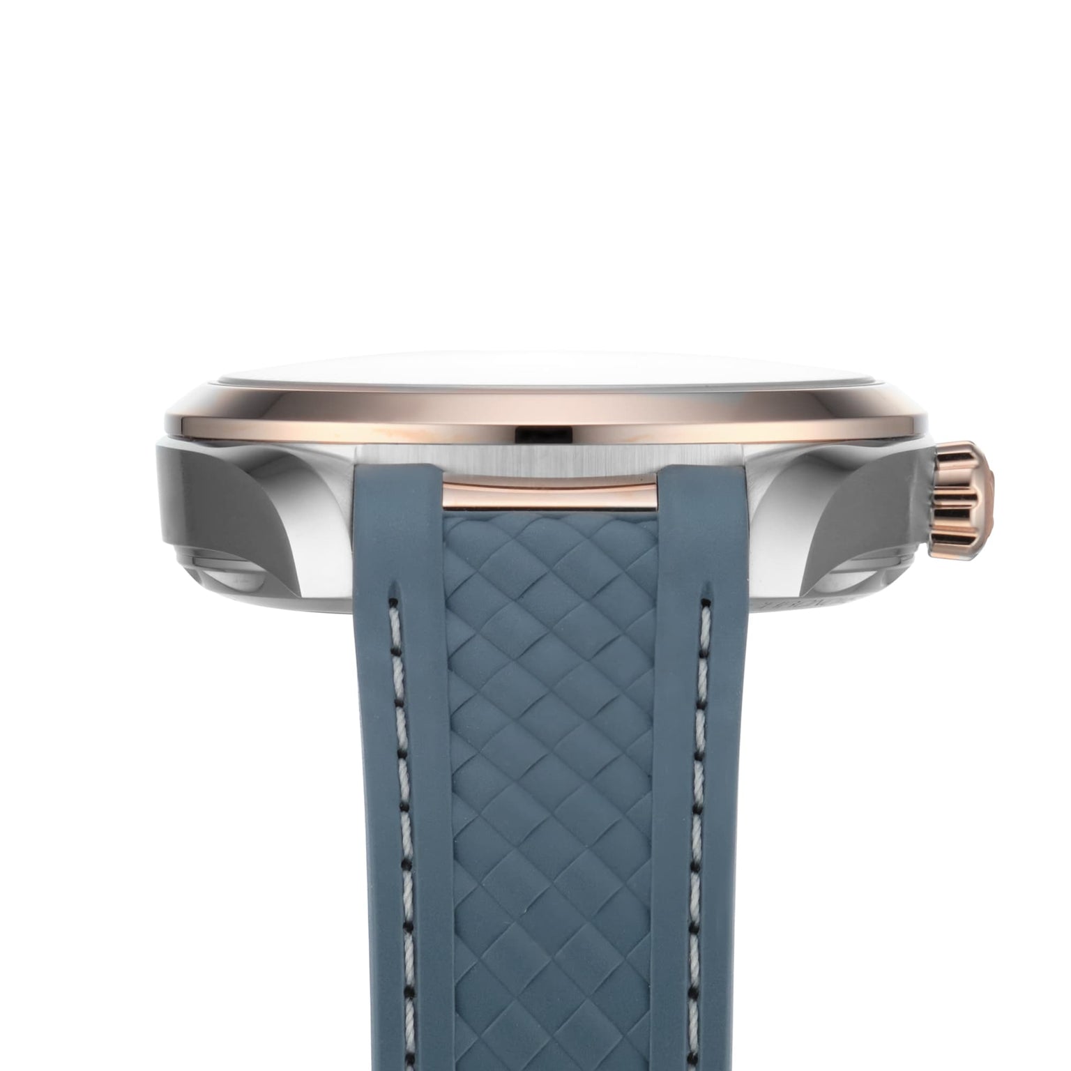 Side view of the OMEGA Seamaster Aqua Terra 150M wristwatch featuring a blue textured strap, silver case, Sedna™ gold accents, right-side crown, and Master Chronometer certification.