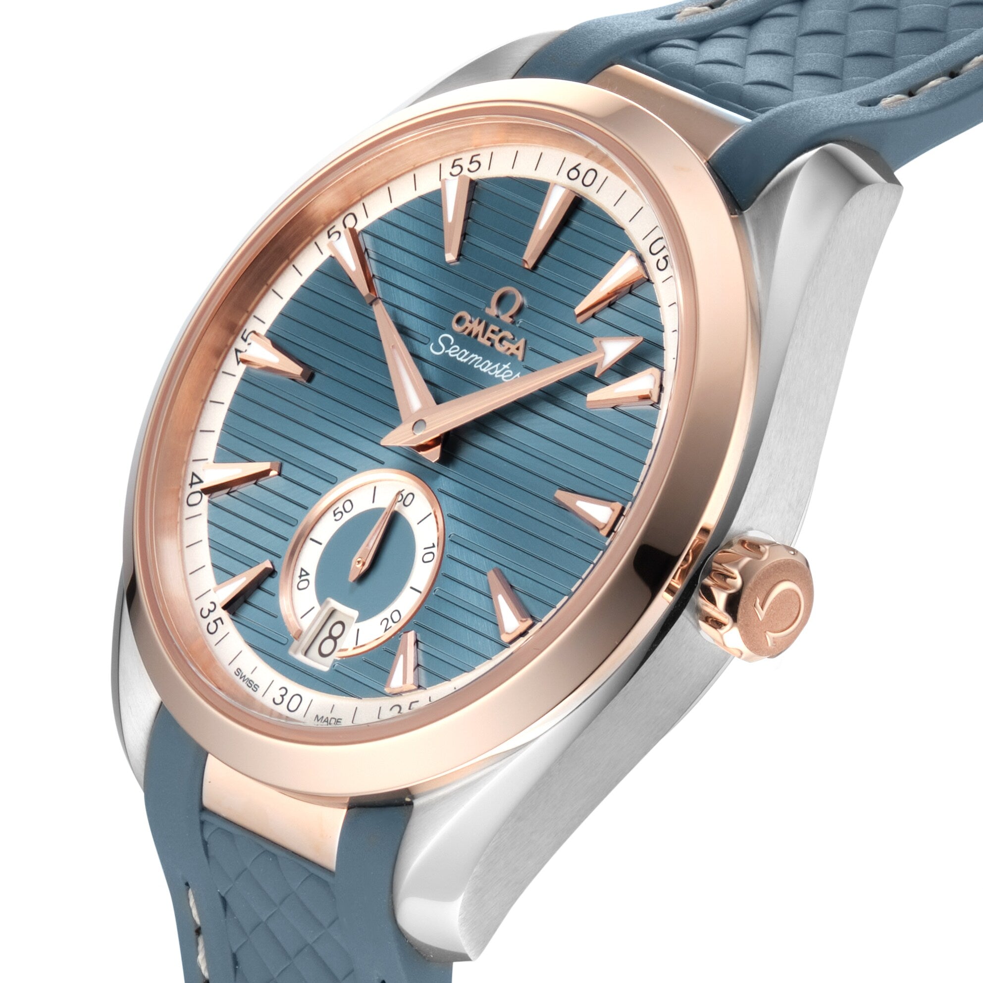 Close-up of an OMEGA Seamaster Aqua Terra 150M watch with a blue textured dial, Sedna™ gold bezel, blue strap, date display, and small seconds subdial.
