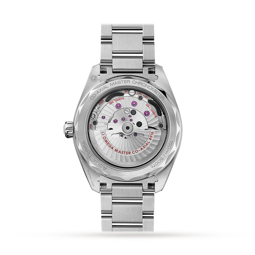 Back view of the OMEGA Seamaster Aqua Terra 150M reveals its transparent case back with visible mechanical movement and engraved text, highlighting maritime heritage and 150m water resistance.