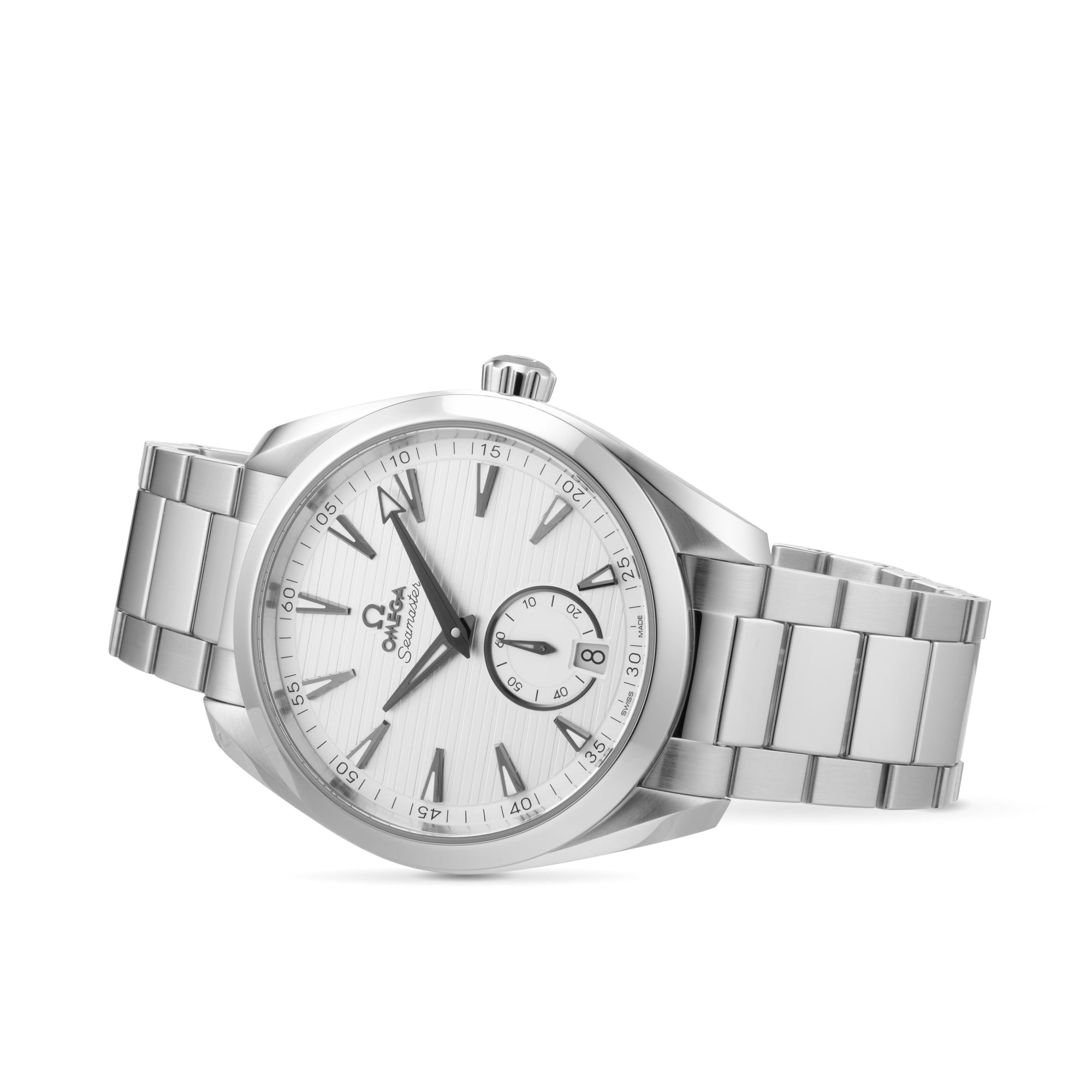 The OMEGA Seamaster Aqua Terra 150M is a silver wristwatch with a metal bracelet, white patterned dial, date at 6 o’clock, OMEGA branding below 12, and 150m water resistance—celebrating the brand’s maritime heritage.