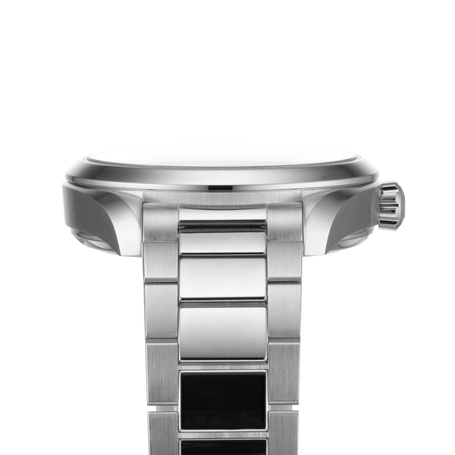 Side view of the OMEGA Seamaster Aqua Terra 150M stainless steel wristwatch with a metal link bracelet and a right-side crown, highlighting its maritime inspiration, photographed against a white background.