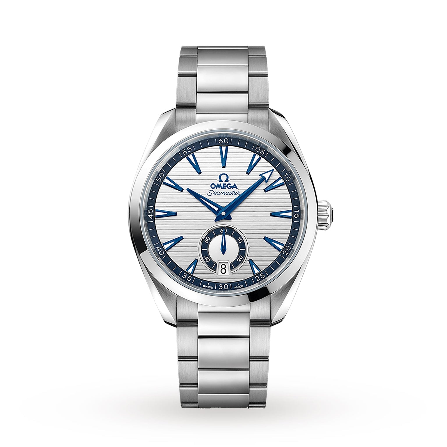 The OMEGA Seamaster Aqua Terra 150M is a stainless steel wristwatch featuring a silver and blue dial, date display at 6 o’clock, and metal bracelet—showcasing OMEGA’s maritime legacy and Master Chronometer precision.
