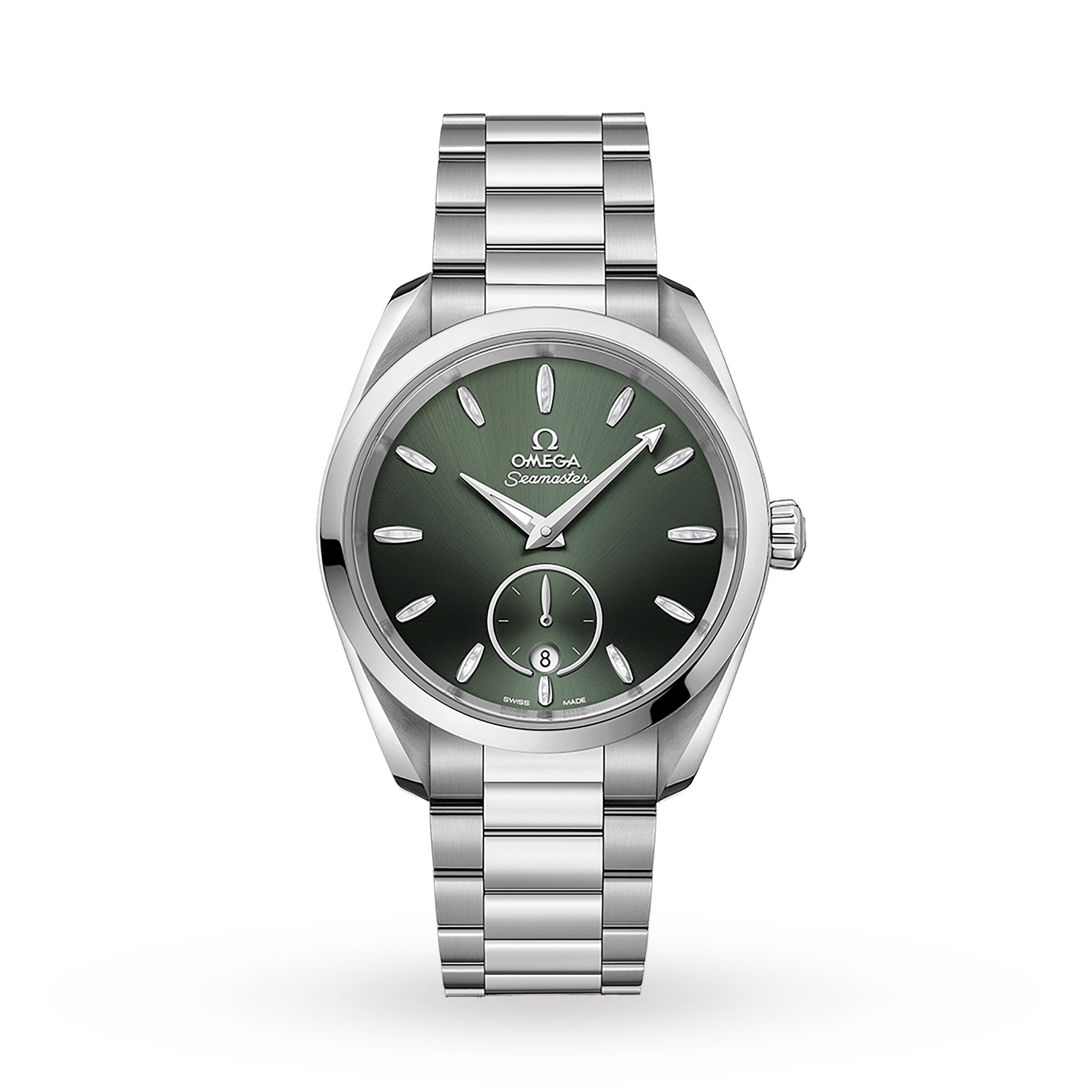The OMEGA Seamaster Aqua Terra 150M is a stainless steel wristwatch with a green dial, silver markers and hands, date at 6 oclock, metal bracelet, and precise 8802 calibre movement.