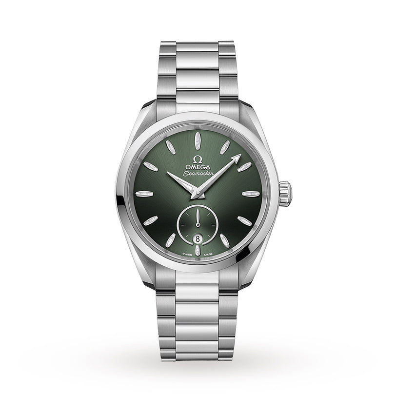 The OMEGA Seamaster Aqua Terra 150M is a stainless steel wristwatch with a green dial, silver markers and hands, date at 6 oclock, metal bracelet, and precise 8802 calibre movement.