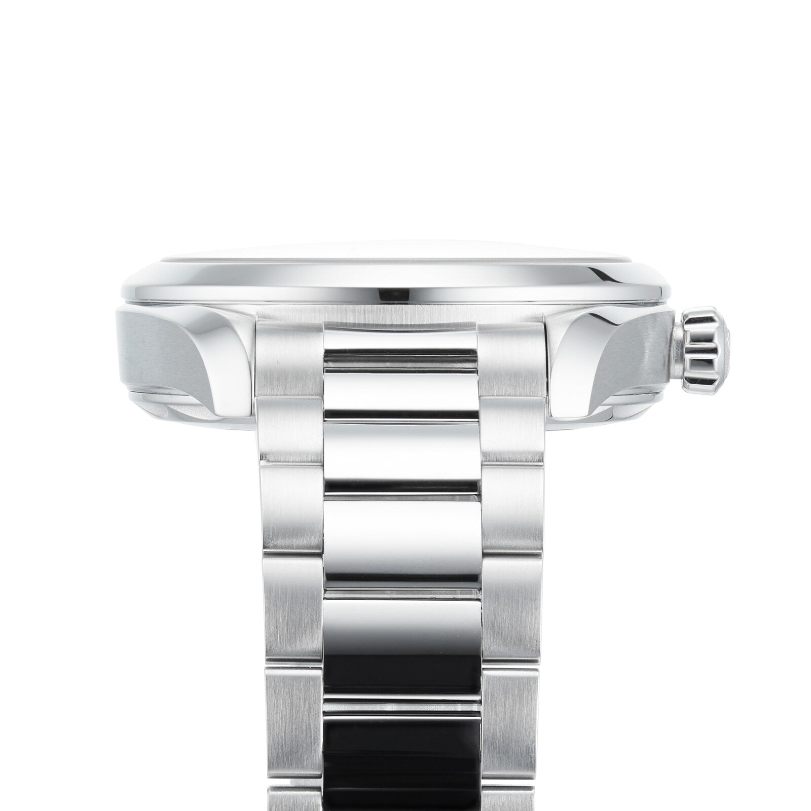 Side view of an OMEGA Seamaster Aqua Terra 150M wristwatch with a stainless steel bracelet and crown, featuring the 8802 calibre movement, photographed against a white background.