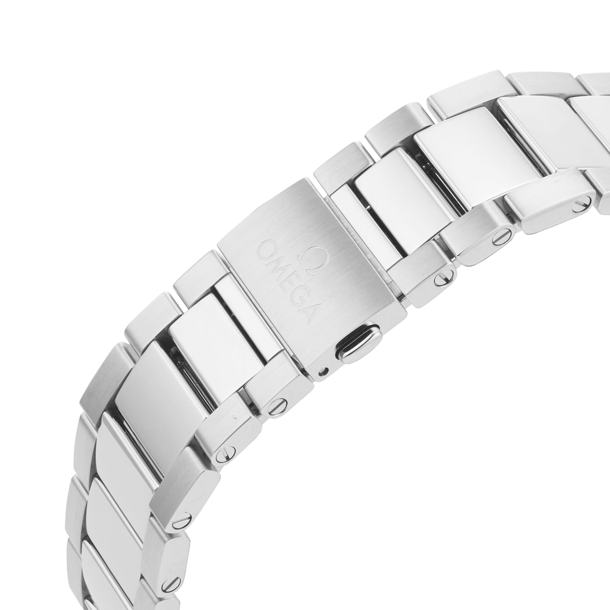 Close-up of a stainless steel OMEGA Seamaster Aqua Terra 150M watch bracelet with visible clasp and engraved OMEGA logo, reflecting the collections maritime heritage.