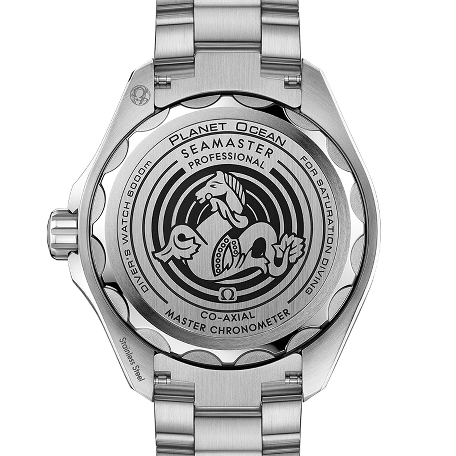 The back of the OMEGA Seamaster Planet Ocean 6000M displays engraved text and a seahorse, showcasing the legacy of saturation divers’ watches made from robust O-MEGASTEEL.