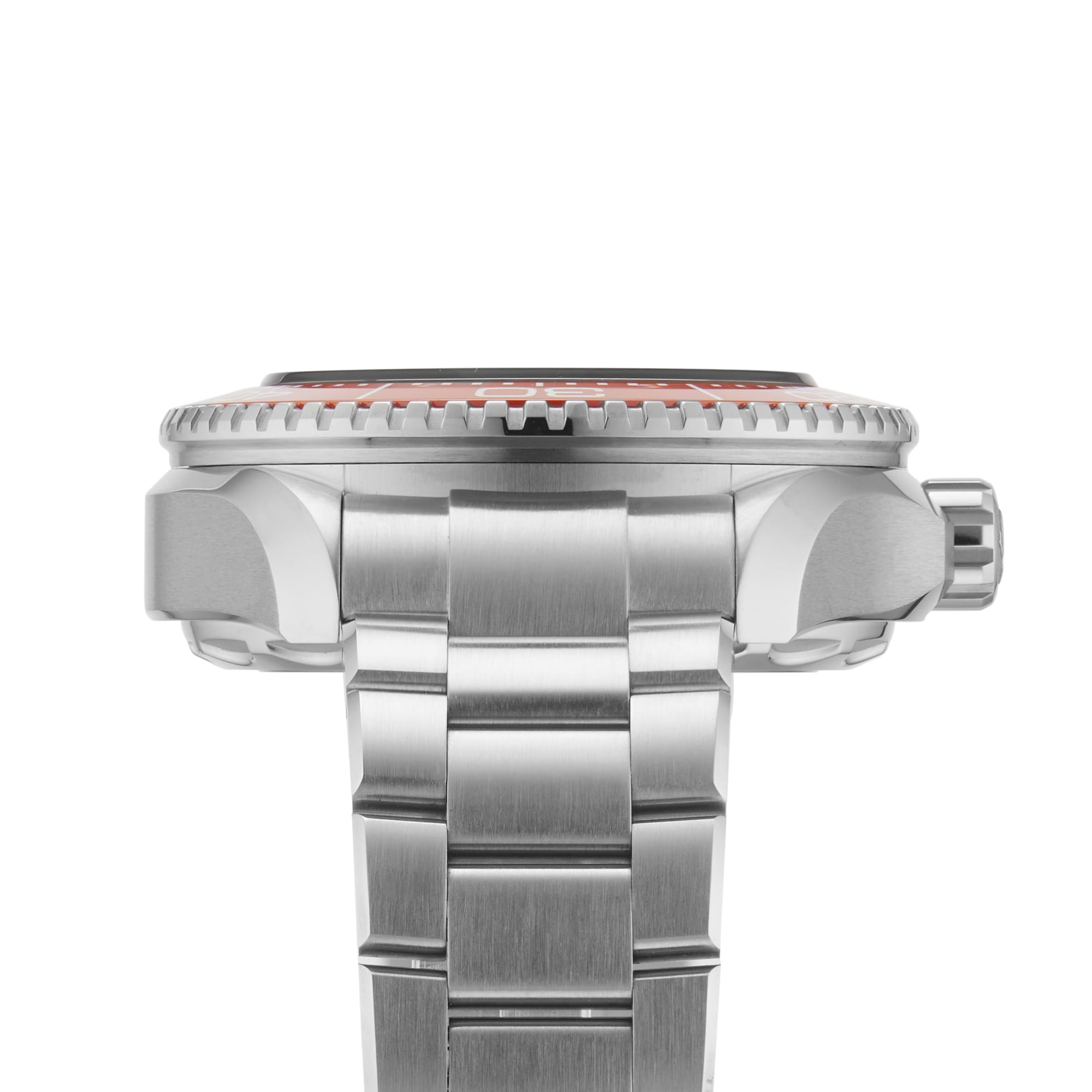 Side view of the OMEGA Seamaster Planet Ocean 6000M, a stainless steel ultra deep saturation divers’ watch with brushed metal band, visible crown, notched bezel, and a touch of orange on the dial.