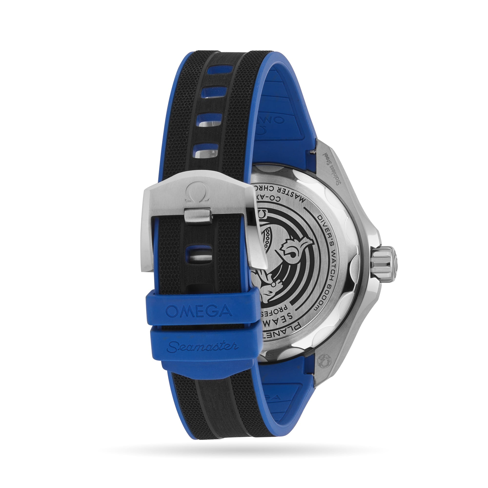 Back view of the OMEGA Seamaster Planet Ocean 6000M showing its O-MEGASTEEL case, blue and black rubber strap, and engraved seahorse caseback. This model is elegantly water resistant.