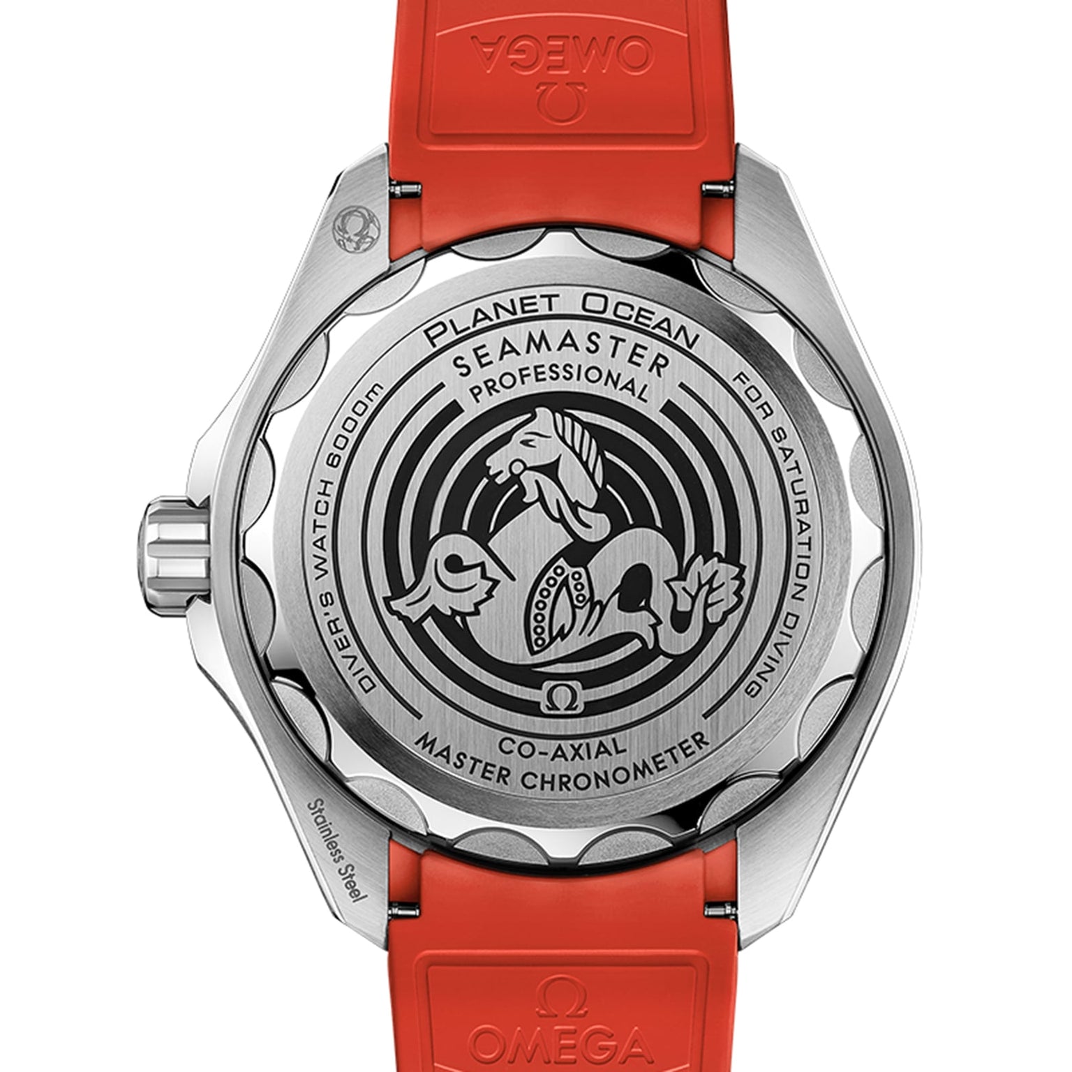Back view of the OMEGA Seamaster Planet Ocean 6000M, featuring a red strap and engraved graphics highlighting its model and O-MEGASTEEL specs, crafted for saturation divers.