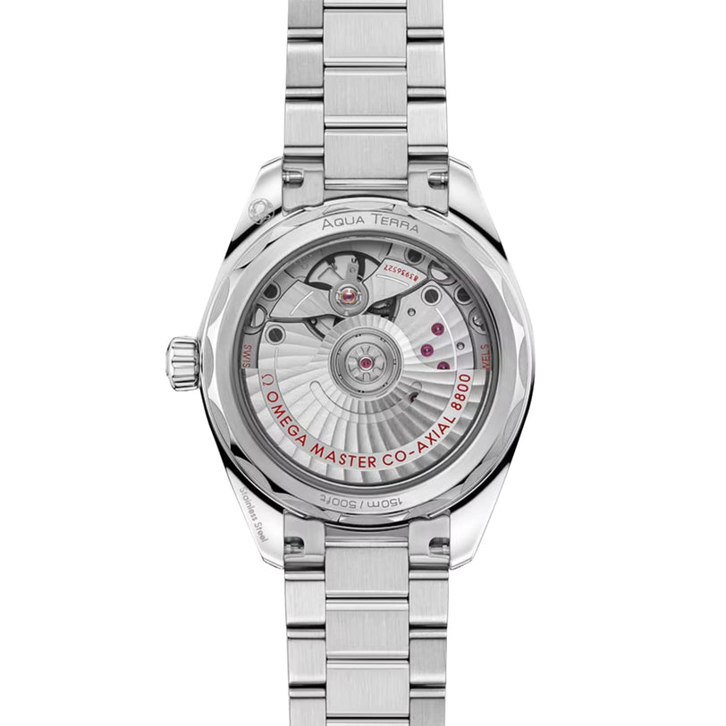Back view of the OMEGA Seamaster Aqua Terra Shades watch featuring an exposed Master Chronometer Co-Axial 8800 movement, stainless steel case, and metal bracelet.