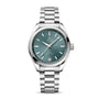 The OMEGA Seamaster Aqua Terra 150M features a stainless steel case, teal dial with silver markers, date at 6 o’clock, a metal link bracelet, and is powered by the precise 8800 calibre—reflecting OMEGA’s renowned maritime tradition.