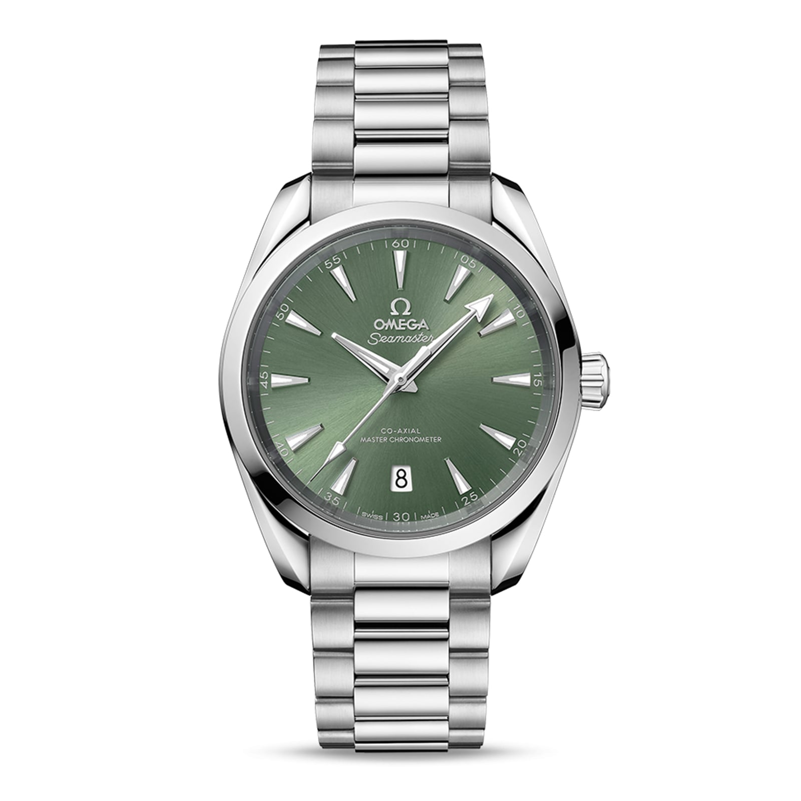 An OMEGA Seamaster Aqua Terra 150M stainless steel wristwatch featuring a green dial, silver hour markers and hands, Master Chronometer 8800 movement, date at 6 o’clock, and a metal link bracelet.