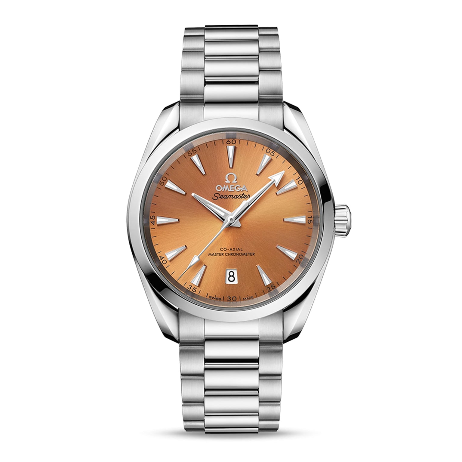An OMEGA Seamaster Aqua Terra 150M wristwatch with a brushed orange dial, silver hour markers, date window at 6 o’clock, stainless steel bracelet, and Master Chronometer certified Calibre 8800 movement.