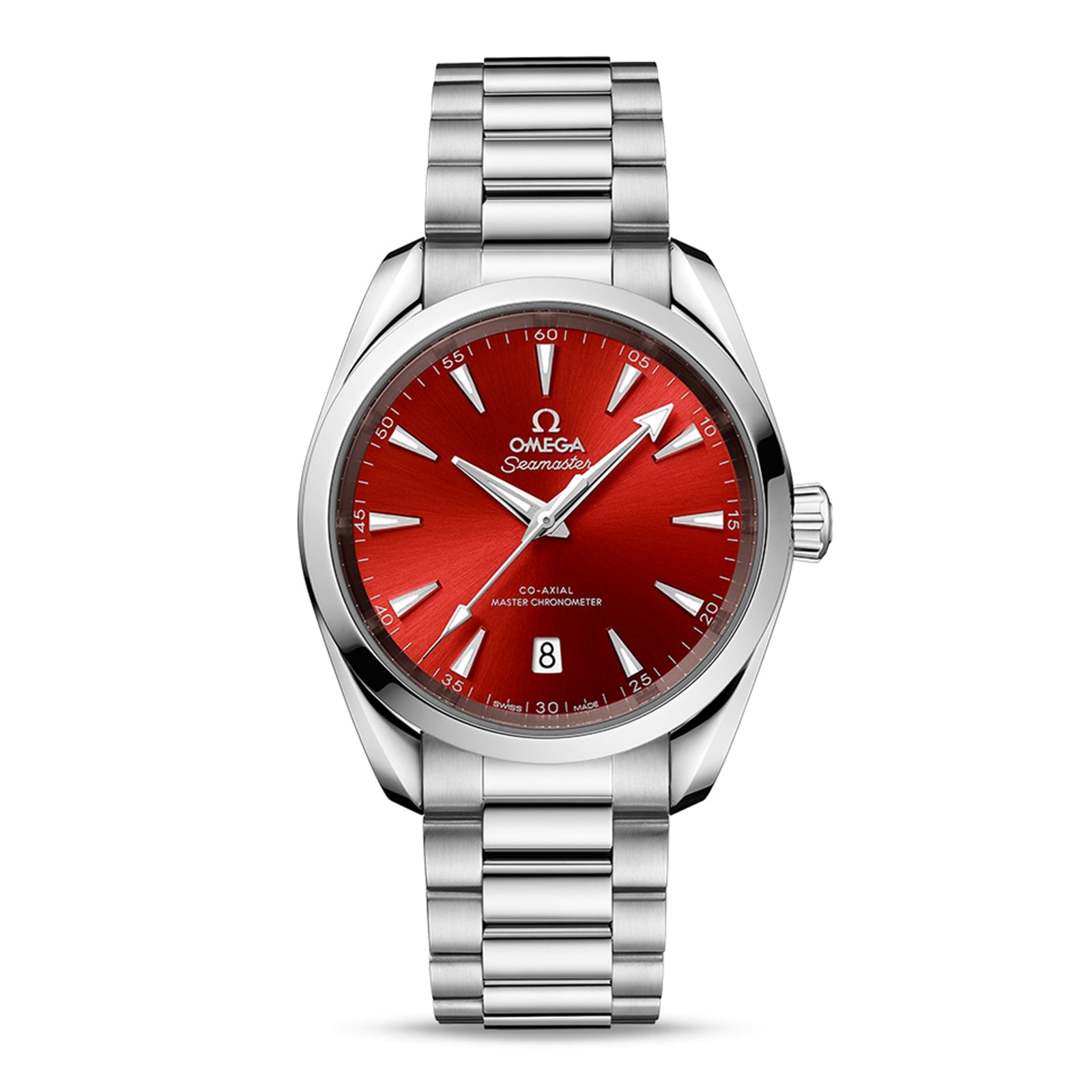 The OMEGA Seamaster Aqua Terra 150M is a stainless steel wristwatch with a red dial, silver hour markers, date at 6 o’clock, 8800 calibre movement, and metal bracelet.