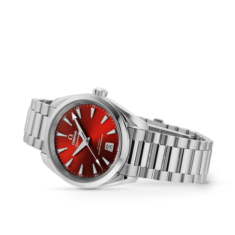 The OMEGA Seamaster Aqua Terra 150M is a silver metal wristwatch with a red dial, white hour markers, date at 6 oclock, and Master Chronometer-certified 8800 calibre movement.