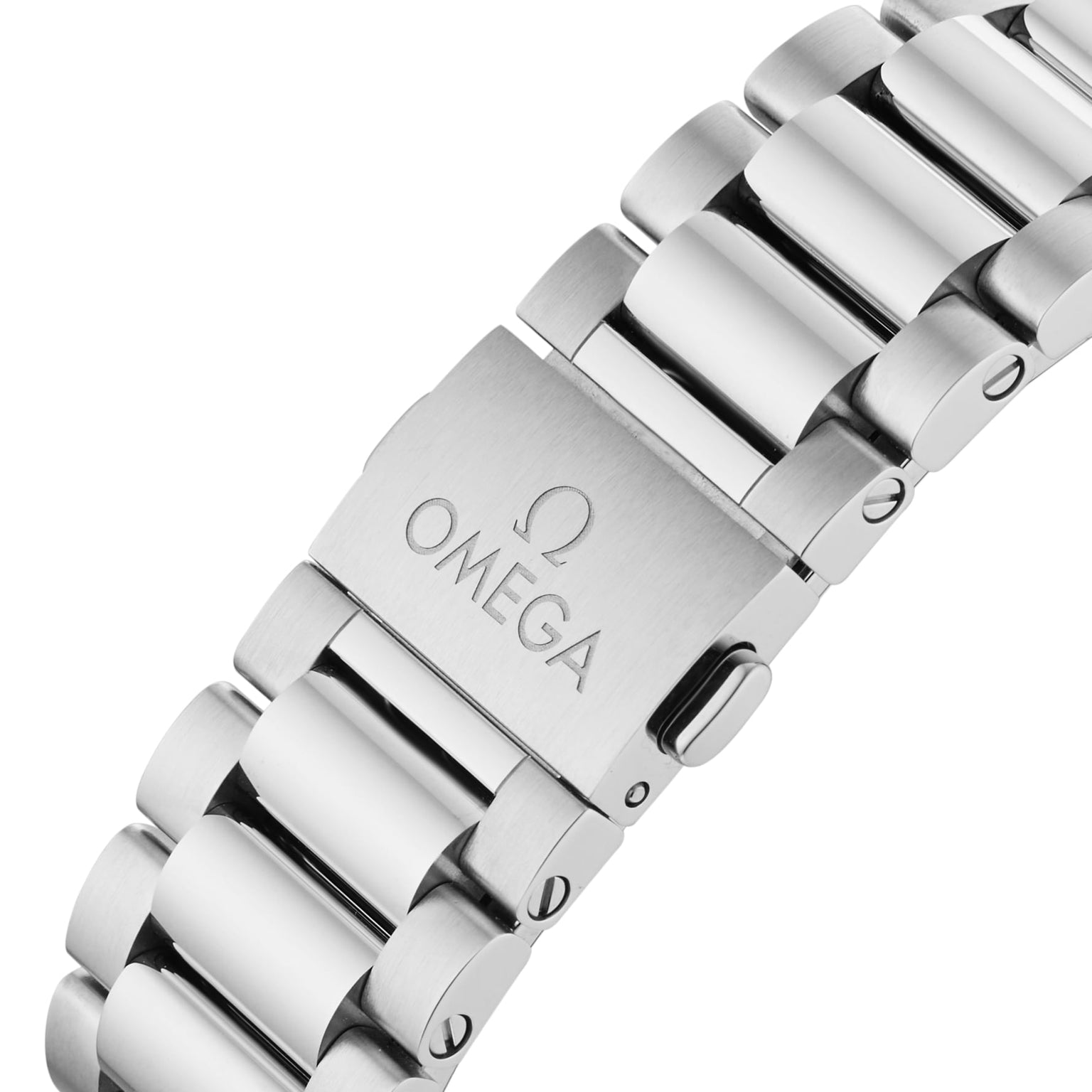 Close-up view of a stainless steel OMEGA Seamaster Aqua Terra 150M bracelet, highlighting the clasp engraved with the OMEGA logo and brand name.