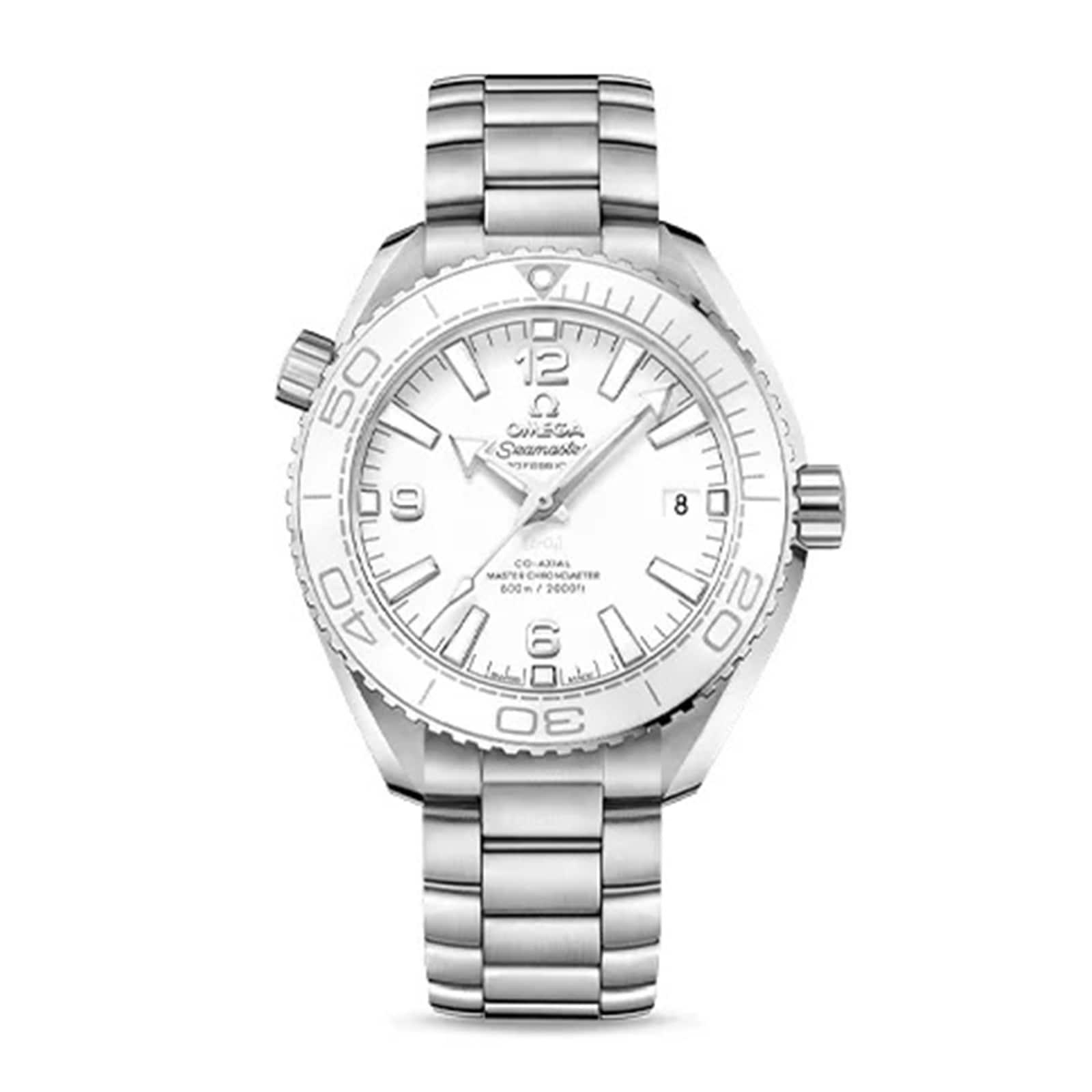 The OMEGA Seamaster Planet Ocean 600M features a metal band, white dial, white ceramic bezel, and a date display at 3 o’clock—a true Ocean Heritage wristwatch.