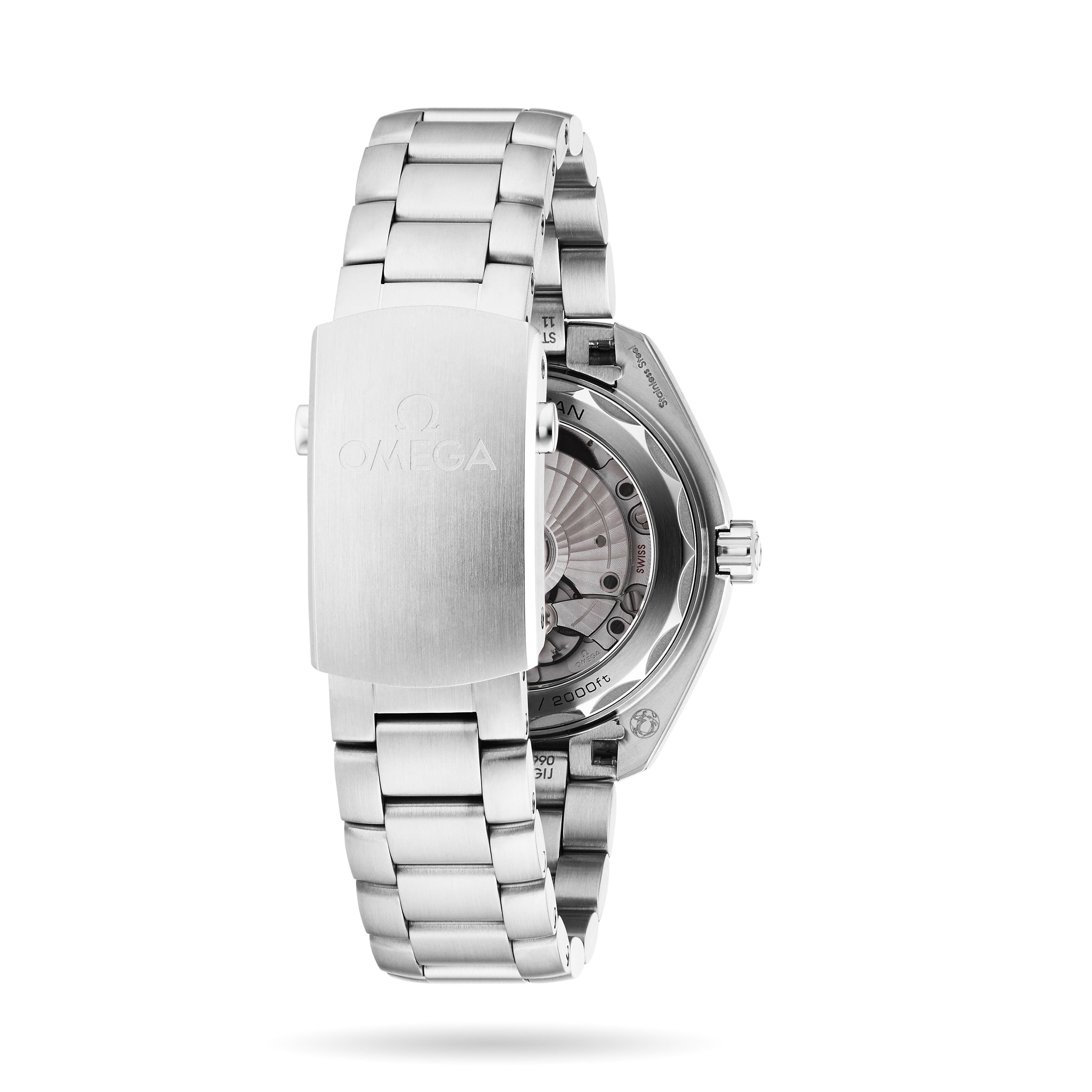 An OMEGA Seamaster Planet Ocean 600M stainless steel wristwatch seen from the back, featuring an engraved logo clasp and a partial view of the transparent case back with its movement.