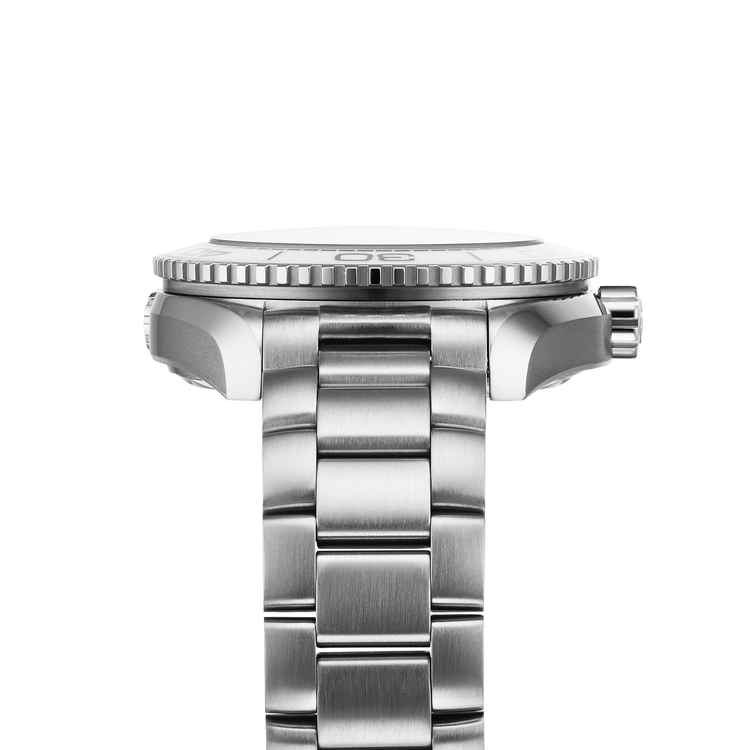 Side view of the OMEGA Seamaster Planet Ocean 600M stainless steel wristwatch with bracelet, crown, brushed metal finish, and a smooth-edged white ceramic bezel set against a plain white background.