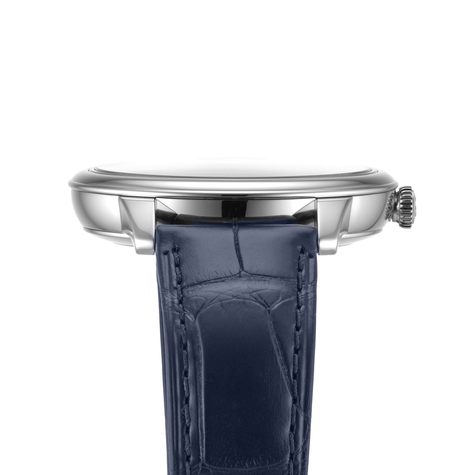 Side view of the OMEGA De Ville Prestige wristwatch featuring a ridged crown, blue leather strap, and Master Chronometer certified Co-Axial 8800 calibre movement.