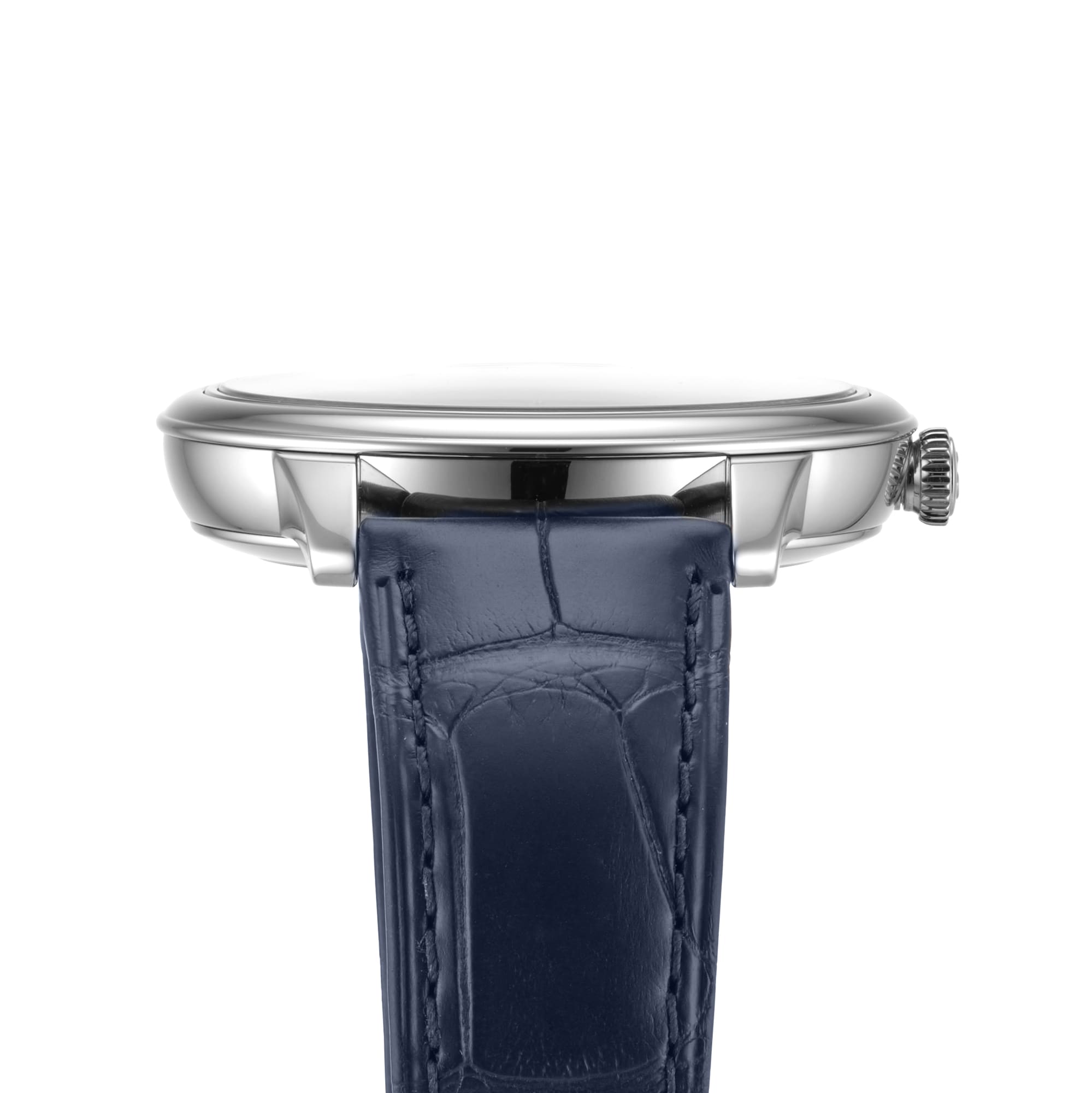 Side view of the OMEGA De Ville Prestige wristwatch featuring a ridged crown, blue leather strap, and Master Chronometer certified Co-Axial 8800 calibre movement.