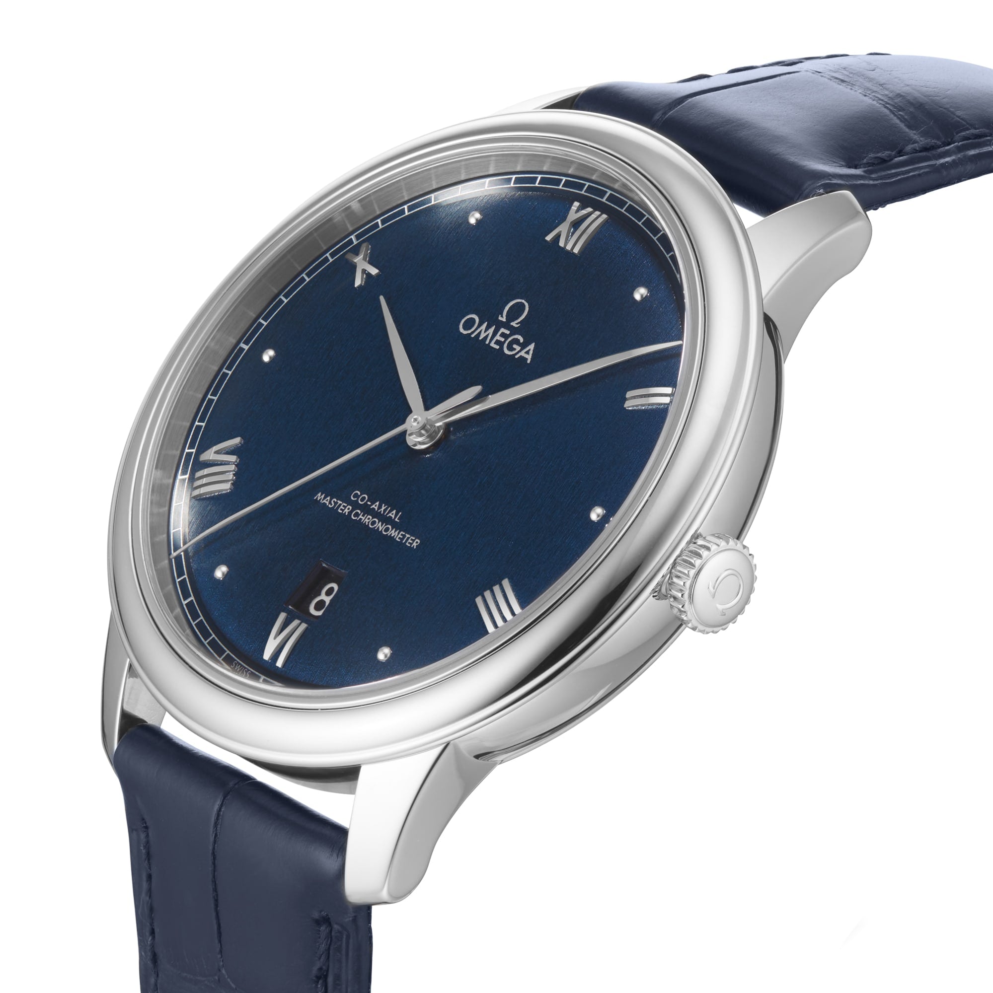 The OMEGA De Ville Prestige wristwatch features a silver case, blue leather strap, blue dial with Roman numerals, date window at 6 oclock, silver hands, and is powered by the Co-Axial 8800 calibre for precise timekeeping.