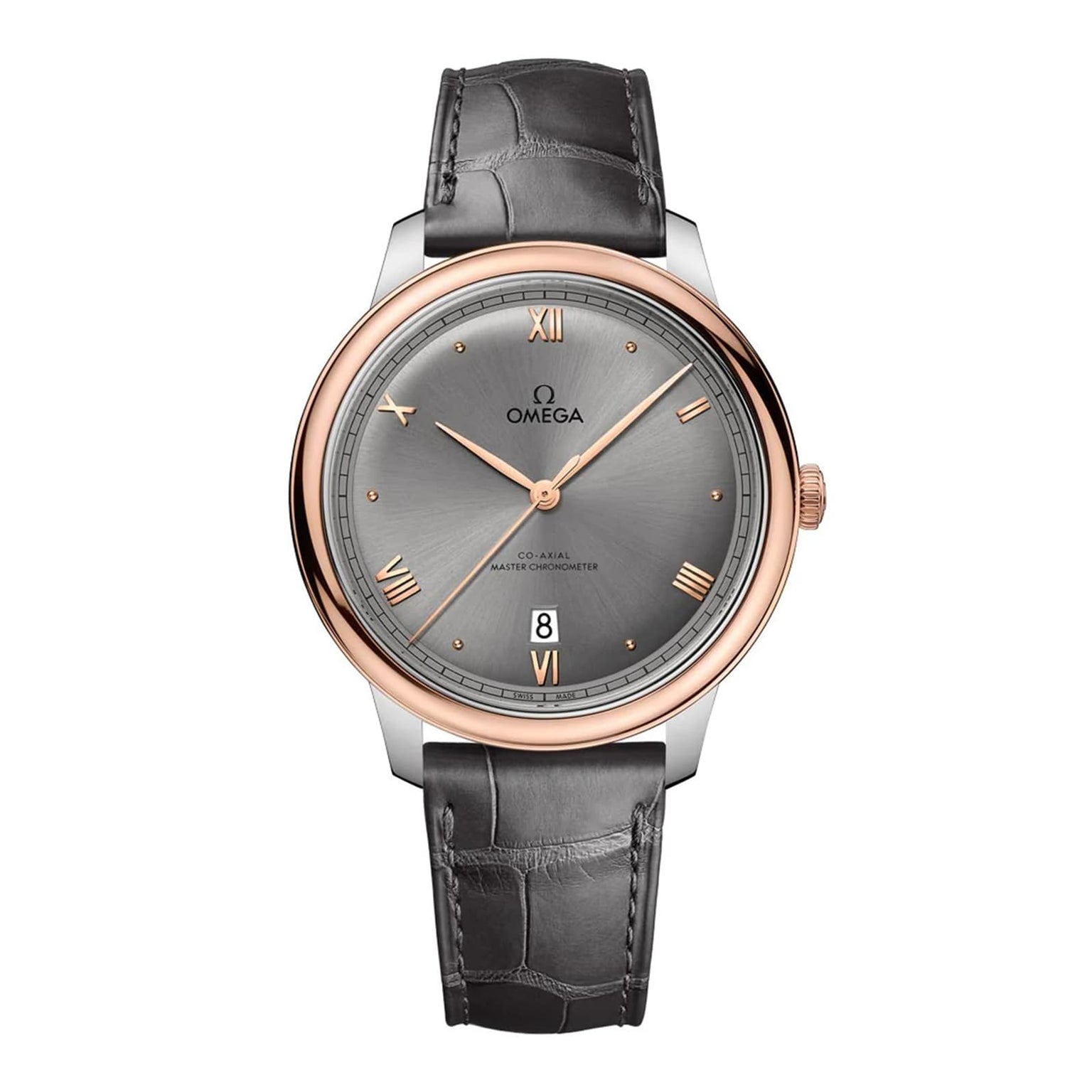 The OMEGA De Ville Prestige features a grey dial, rose gold bezel, black leather strap, date display at 6 o’clock, and visible branding on the dial.
