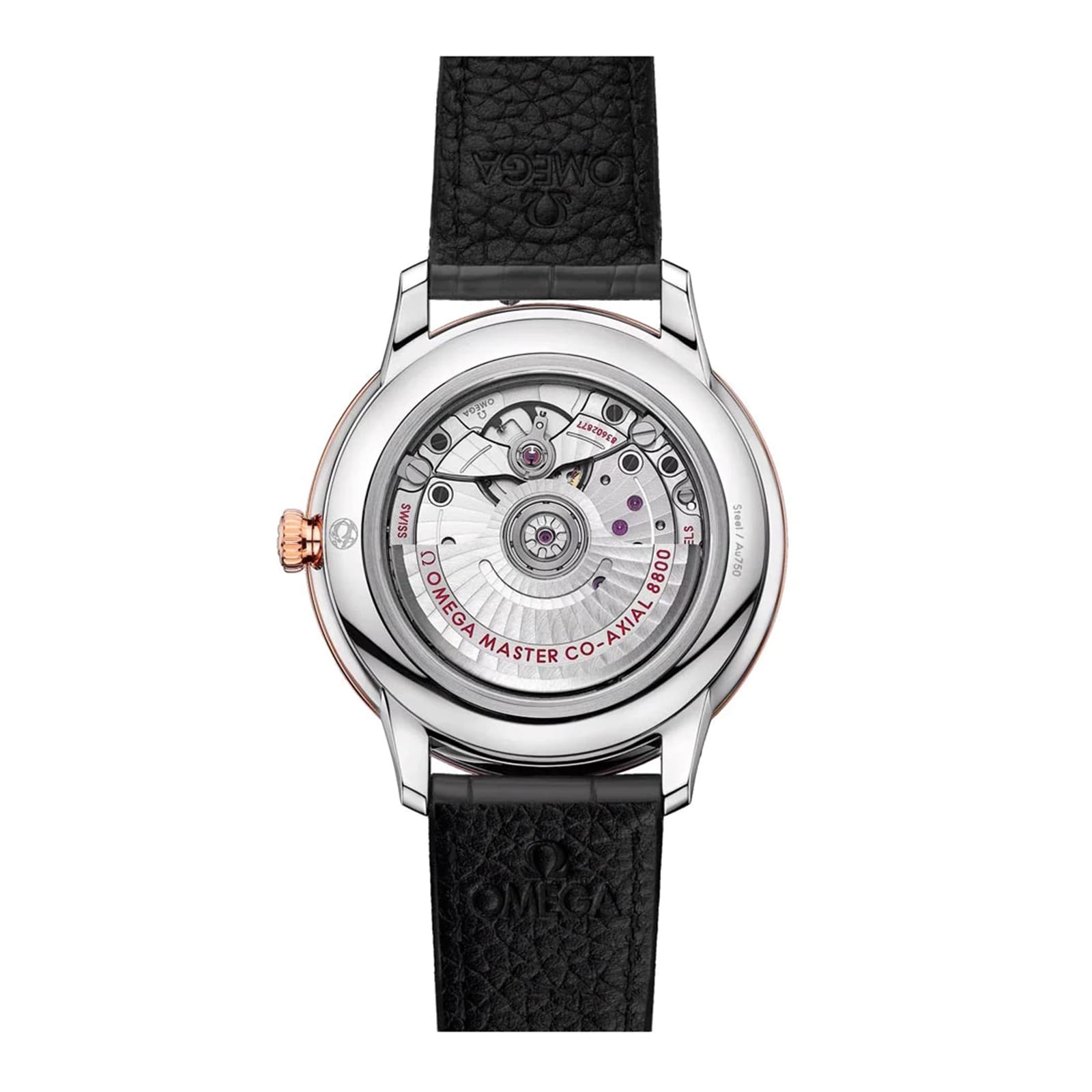 The OMEGA De Ville Prestige features a visible automatic movement labeled Master Co-Axial 8800, showcased through its caseback and complemented by a black leather strap with refined rose gold accents.