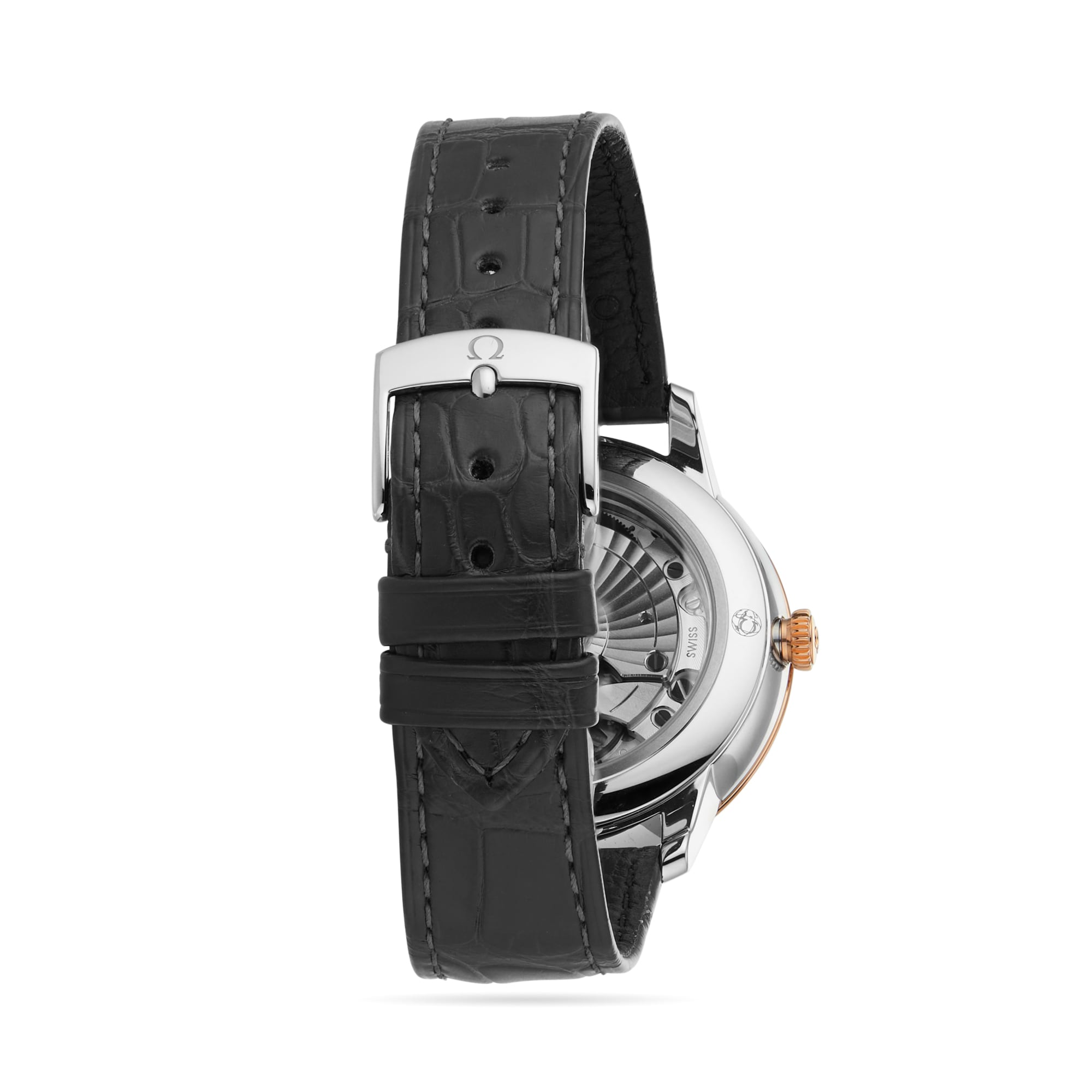 Back view of the OMEGA De Ville Prestige wristwatch featuring a black leather strap, silver buckle, visible movement through the case back, and a rose gold crown on the right side.