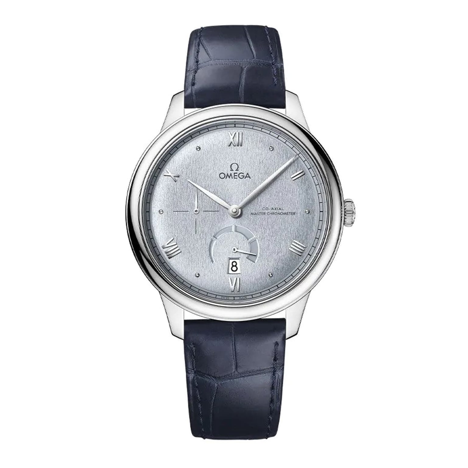 The OMEGA De Ville Prestige is a stainless steel wristwatch with a light gray dial, Roman numerals, a date window at 6 o’clock, and a dark blue leather strap.