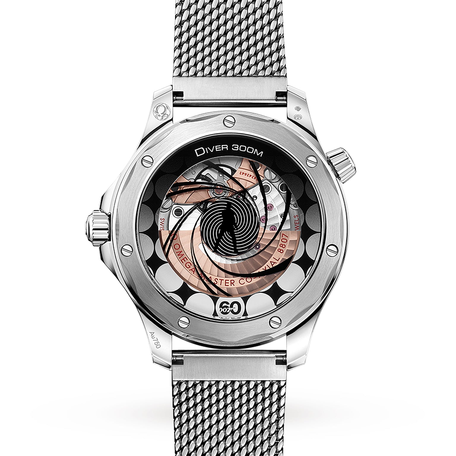A close-up of the OMEGA Seamaster Diver 300M James Bond 60th Anniversary shows its detailed mechanical movement through a sapphire case back, paired with a metal mesh band and inspired by the iconic 007 legacy.