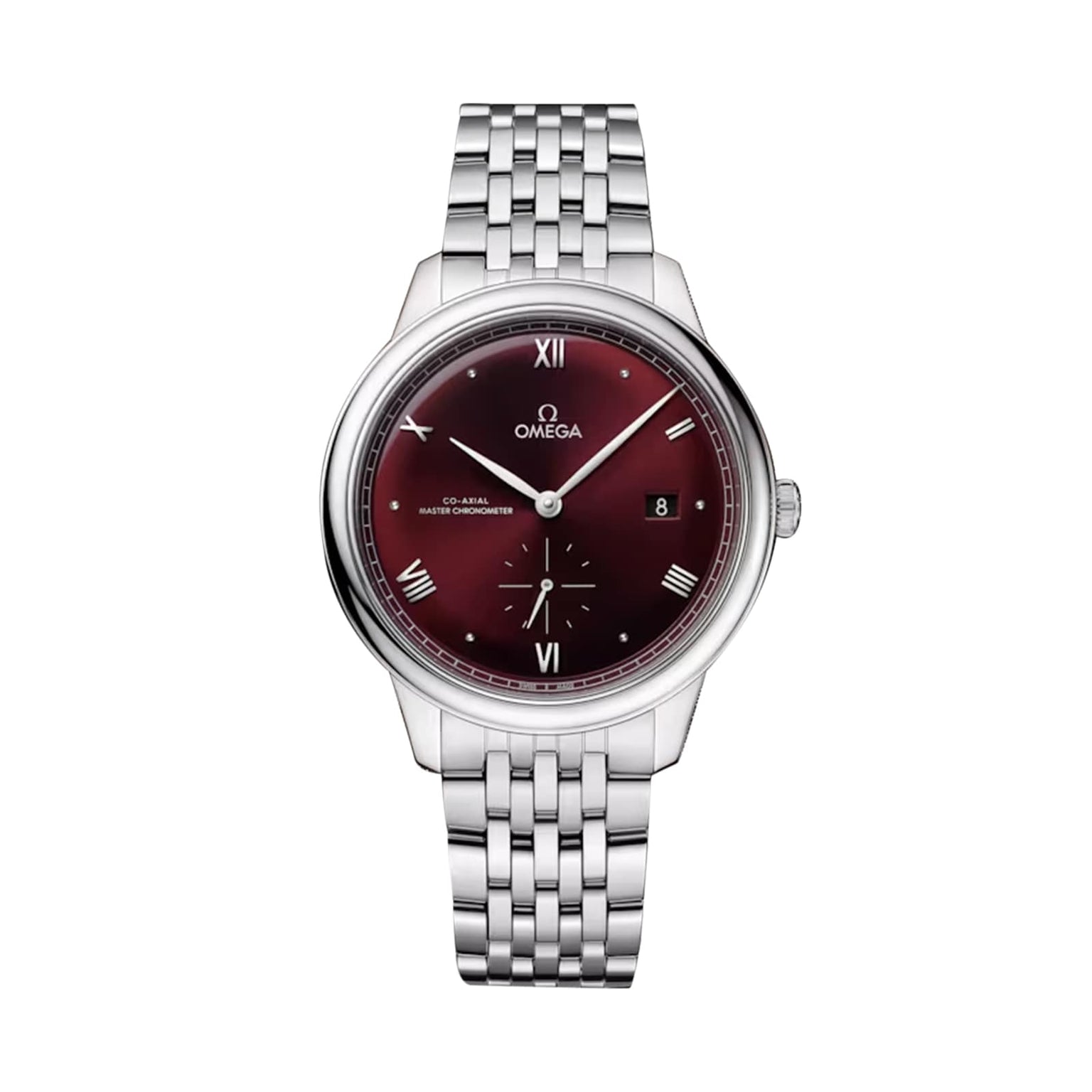 The OMEGA De Ville Prestige features a stainless steel case, metal link band, burgundy dial with Roman numerals, date at 3 o’clock, and a small seconds subdial at 6 o’clock.