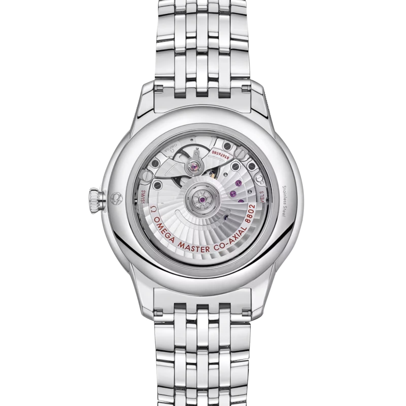 Back view of the OMEGA De Ville Prestige showcases its visible mechanical movement and the engraved OMEGA MASTER CO-AXIAL 8902 on the rotor—a true Master Chronometer from OMEGA.