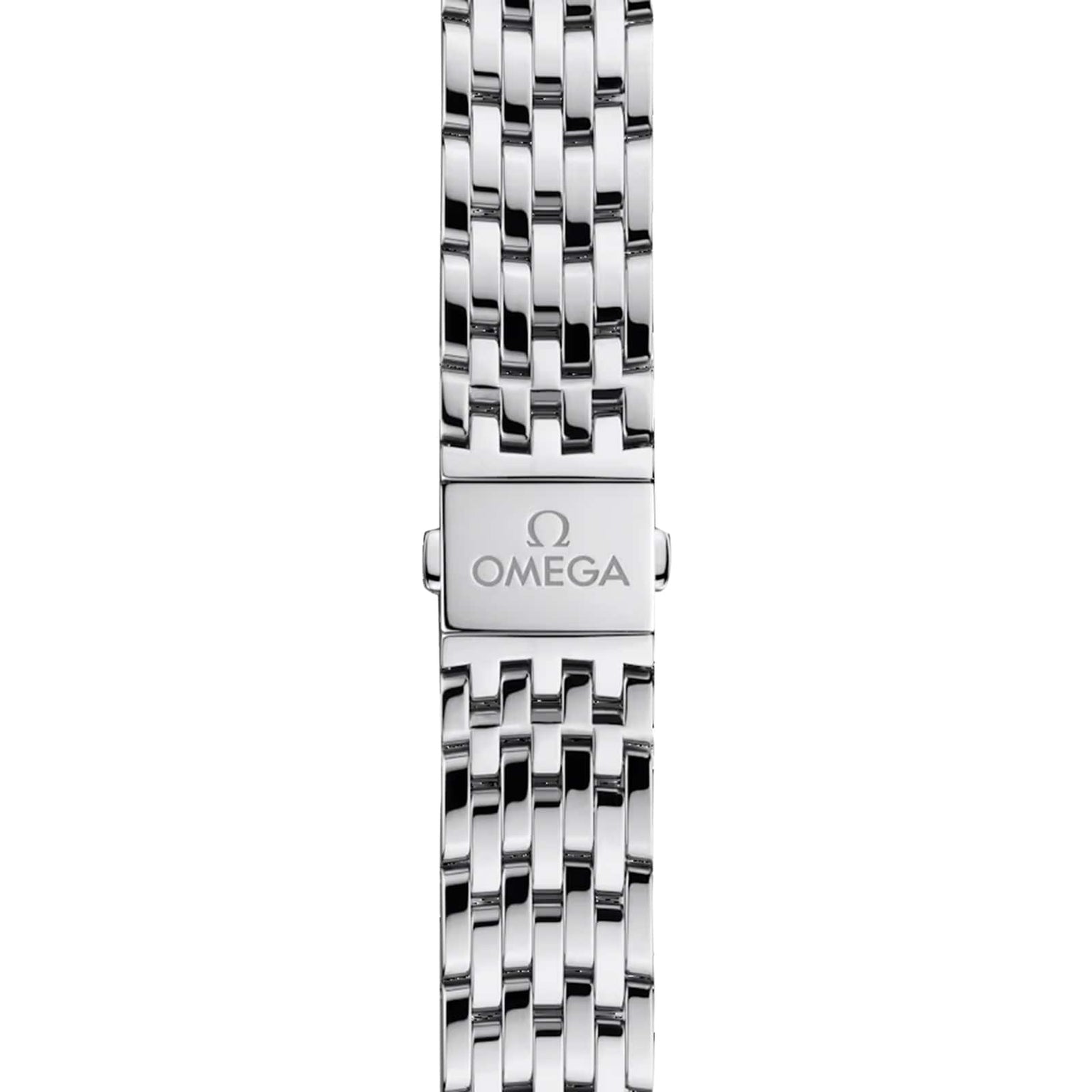 Close-up of a stainless steel bracelet with the OMEGA logo and name engraved on the clasp—an elegant detail from the OMEGA De Ville Prestige collection.